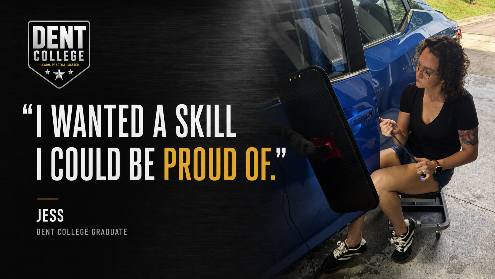 Dent College graduate Jess Hodnett practicing paintless dent repair beside a blue vehicle.